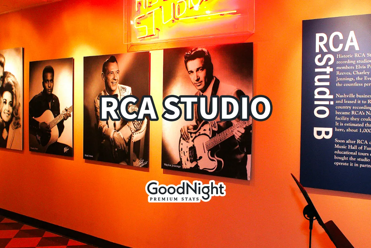 An interior glimpse into RCA Studio B, featuring photographs of famous musicians, a neon studio sign, and an informational panel about the historic site. The space is filled with the legacy of Nashville’s music scene and invites exploration and learning.